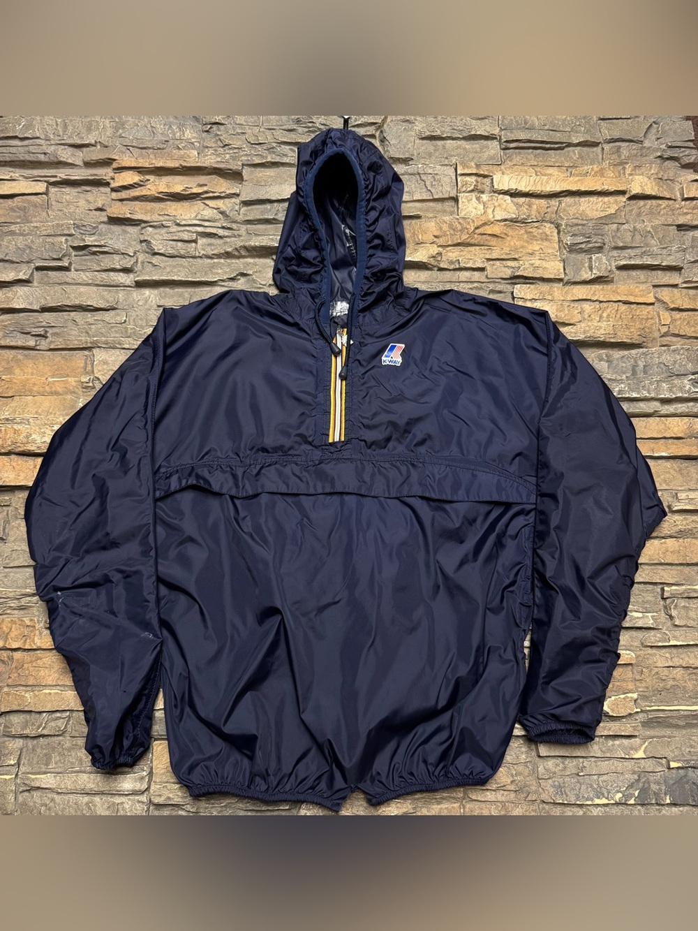 Vintage K Way Packable Windbreaker Jacket Mens Small Navy Blue Hooded Waterproof
